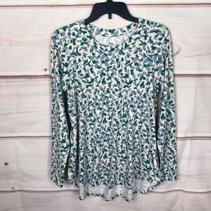 Zuda Top Womens XS Green Blue Printed T-Shirt Long Sleeve Round Neck Flare Back